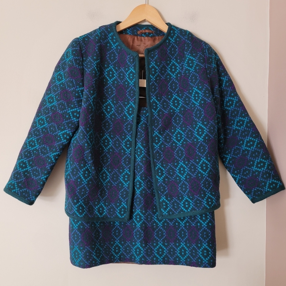 Vintage 60s Welsh Woolens Wool Tapestry Mini Skirt And Jacket Suit Set Size XS
